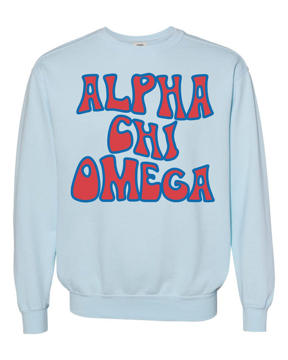 Alpha Chi Omega Comfort Colors Garment Dyed Crewneck with wavy print