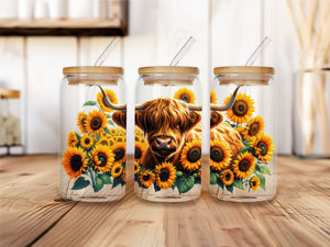 Highland Cow 16Oz Iced Coffee Glass Cup with Bamboo lid and metal straw