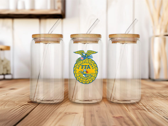 FFA Emblem (1) 16Oz Iced Coffee Glass Cup with Bamboo lid and metal straw