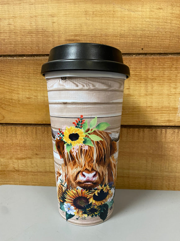 Reusable Coffee Tumbler with Highland Cow