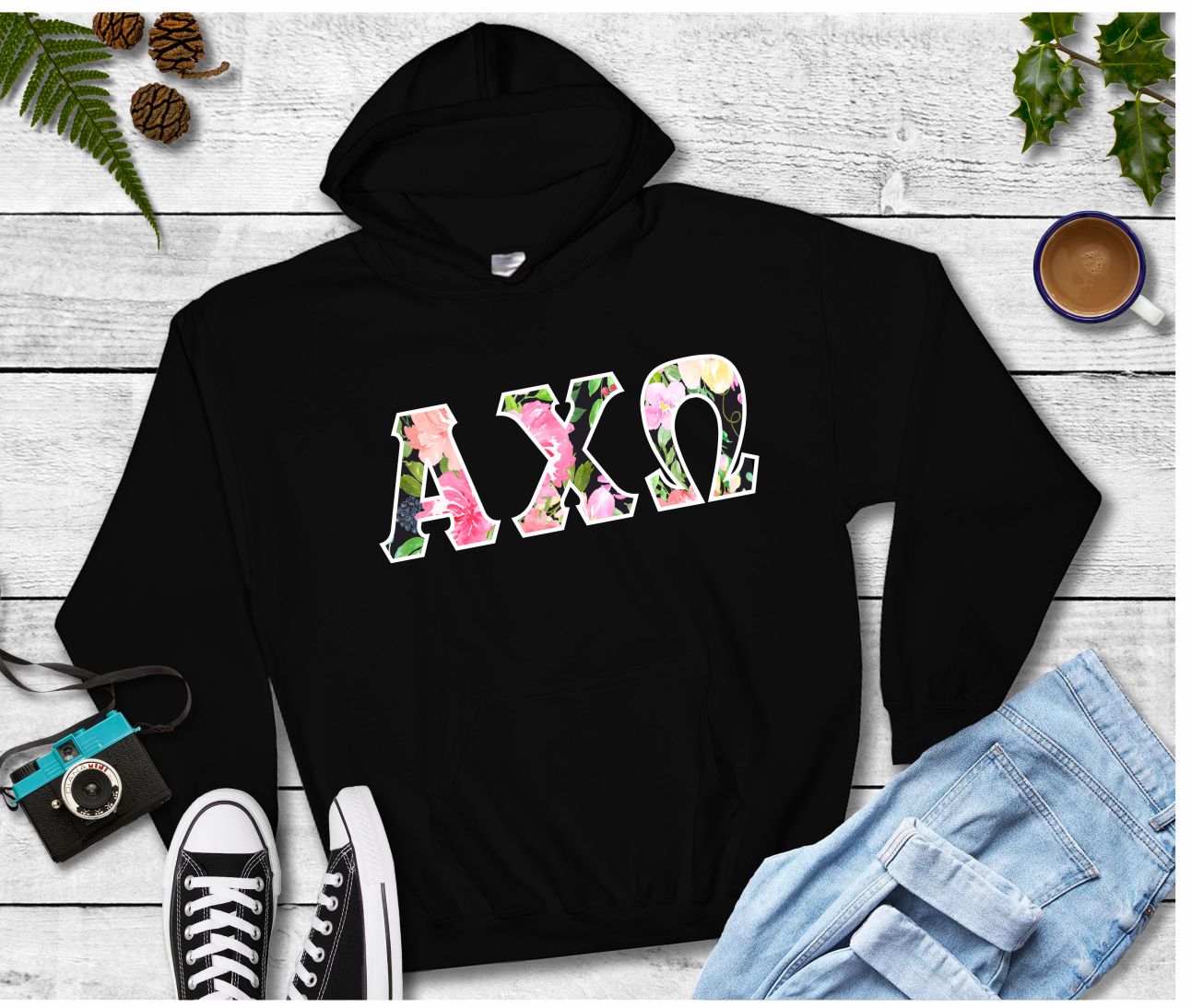 Alpha Chi Omega Twill Black Hoodie Maggie Maize