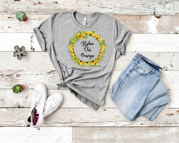 Alpha Chi Omega Sunflower Wreath T Shirt Comfort Colors